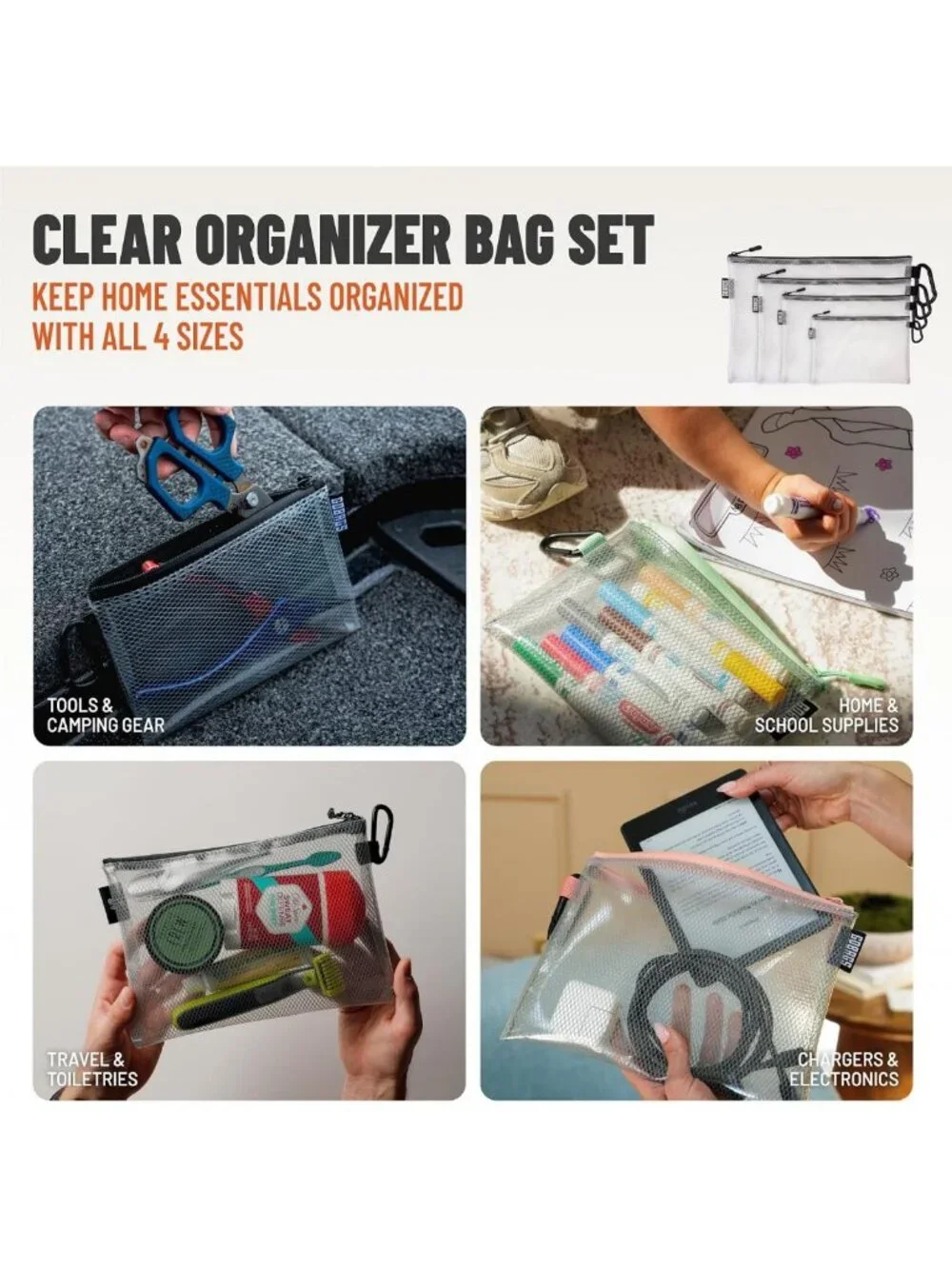 Multi-Size Clear Zipper Pouch Set - Cable Organizer & Travel Bag for Tech Gear